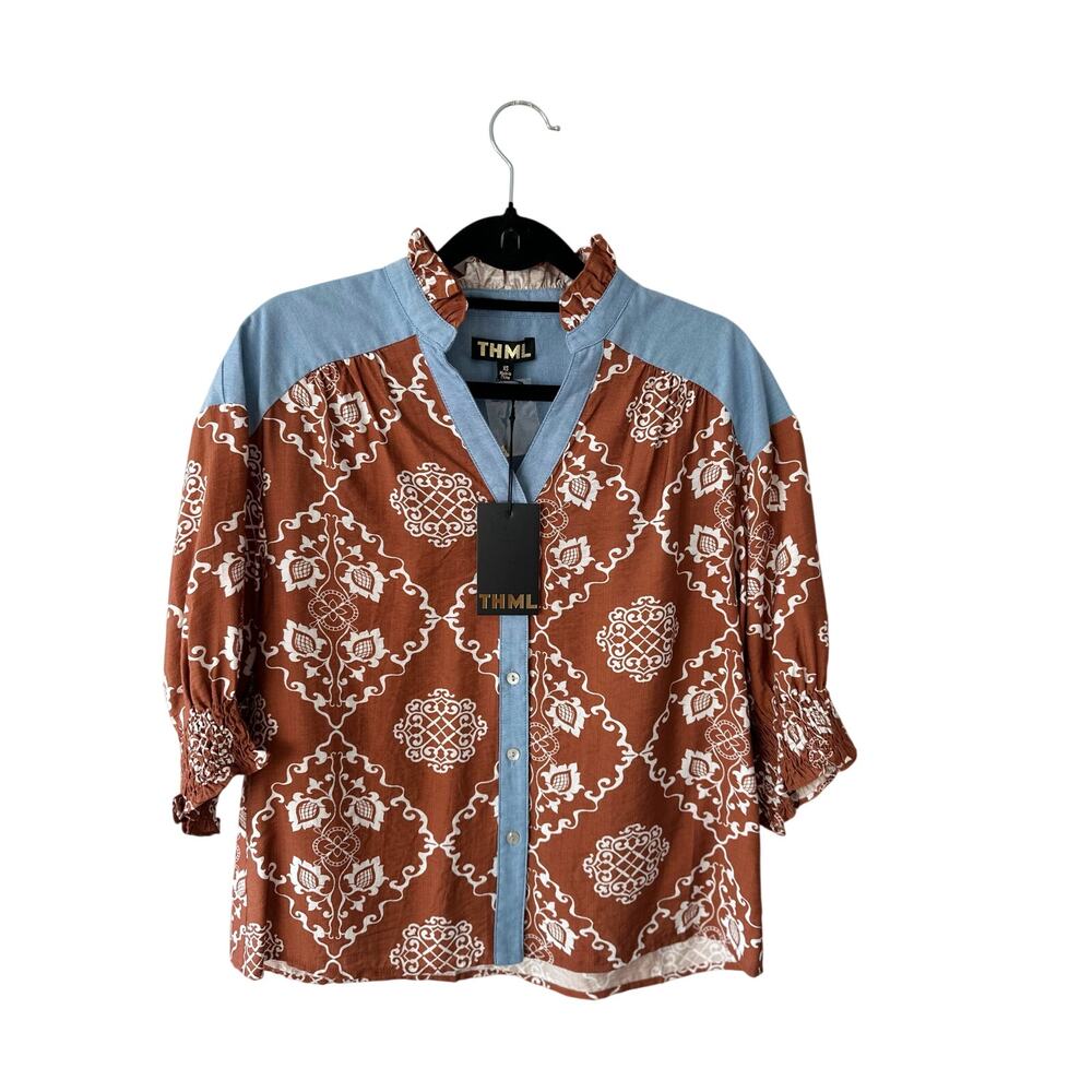 NWT THML Southwestern Print Blouse | Rust Boho Folk Top XS